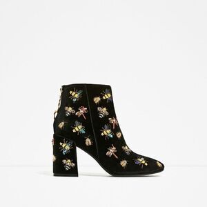 Zara Black Velvet Beaded Bug Boots Embellished Insect Ankle Booties